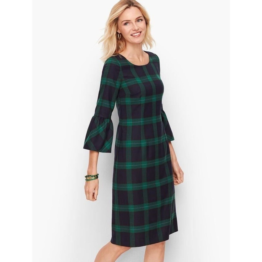 Talbots Green Plaid Bell Sleeve Dress